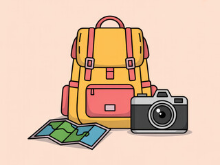 Colorful travel backpack with camera and map, cute adventure and tourism gear illustration, summer vacation equipment, hiking and journey essentials isolated on pastel background