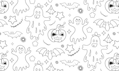 Seamless Halloween Pattern with Cute Ghosts, Spooky Pumpkins, Flying Bats, Haunted Houses, Stars and Line Art Elements for Wrapping Paper, Kids Coloring Pages, Scrapbook, Party Decorations and Digital