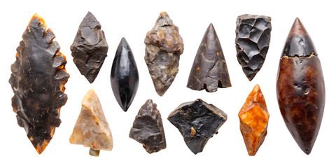 Ancient obsidian and stone arrowheads collection isolated on a transparent background 1