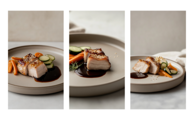 Pork belly dish with vegetables and sauce on circular plate, set  