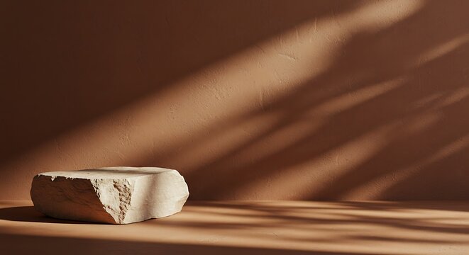 Mockup natural stone podium with shadow overlay on brown background, minimalist product display for commercial usage