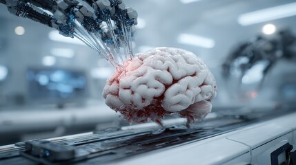Brain chip installation futuristic medical lab robotic arms precision technology cold sterile lighting human enhancement theme