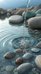 Stream Pouring into Clear Pool with Ripples and Stones in Mountain Landscape