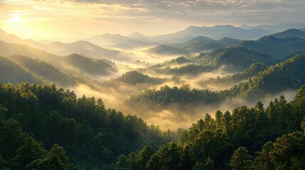 Sunrise over misty green mountain range with dense forest and rolling hills under a partly cloudy sky in a scenic landscape