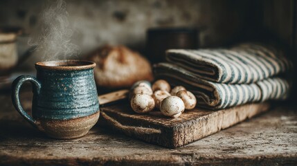 Mushroom coffee preparation rustic kitchen natural wood counter steaming mug cozy morning wellness lifestyle vibe