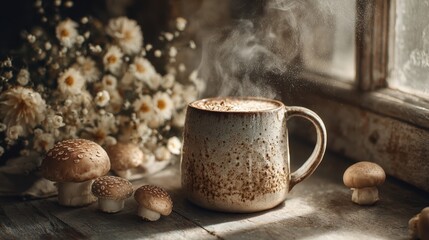 Mushroom coffee preparation rustic kitchen natural wood counter steaming mug cozy morning wellness lifestyle vibe