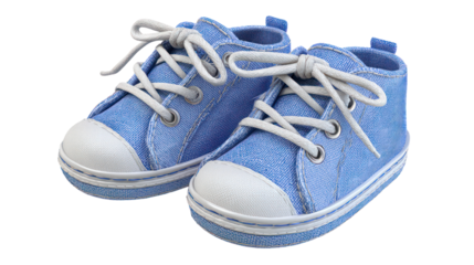 Pair of blue denim baby sneakers isolated on transparent background