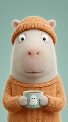 An adorable 3D illustration of a capybara wearing an orange beanie and a cozy knit sweater. It holds a mint green mug with a cute ghost drawing on it.