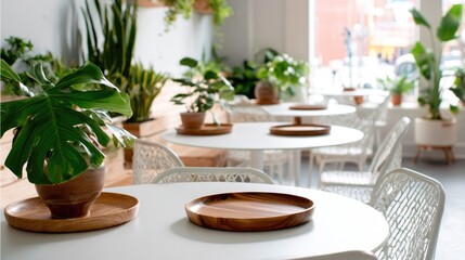 Fototapeta premium Inviting cafe setup with white cafe tables, wooden trays, and leafy plants placed throughout the space