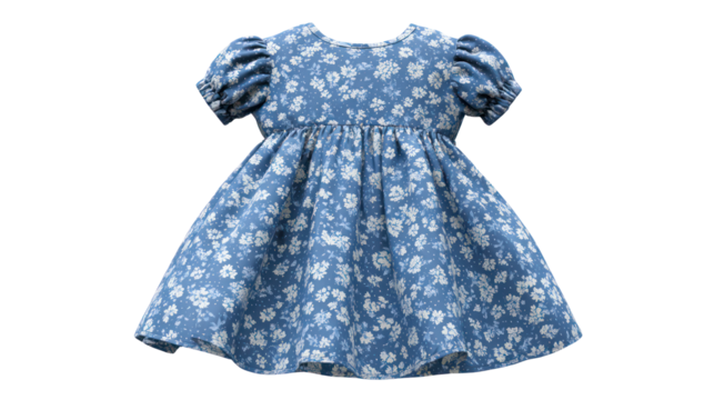 Blue floral print puff sleeve toddler dress isolated on transparent background