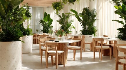 Fototapeta premium Minimalist cafe space with white tables, wooden chairs, and large green plants creating a serene natural vibe