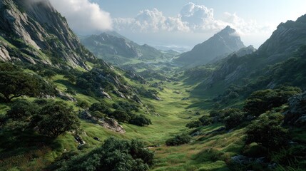Obraz premium Verdant Valley Vista: A stunning mountain valley with grass and foliage