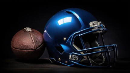 Naklejka premium Dramatic Low-Key Lighting - Blue Football Helmet and Brown Leather Ball.