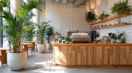 Modern cafe interior featuring a wooden espresso bar, white tiled walls, and tropical plants in ceramic pots