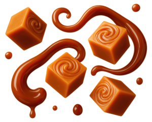 Four square caramel candies with swirling tops and flowing caramel sauce on a brown background candy isolated on a transparent background