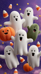 Obraz premium A lively and vibrant illustration featuring a group of cute, fuzzy ghosts floating against a magical purple and blue starry sky. The ghosts have happy, wide-open mouths and are surrounded by candy 