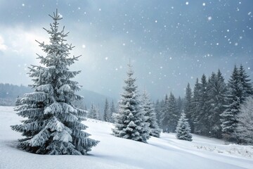Fototapeta premium Winter background. Christmas landscape with snow and fir trees.