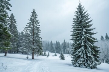 Obraz premium Winter background. Christmas landscape with snow and fir trees.