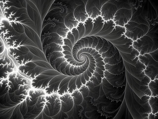 Abstract grayscale fractal spiral art with intricate branching patterns and a dark background