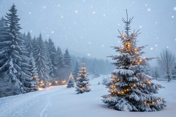 Fototapeta premium Winter background. Christmas landscape with snow and fir trees.