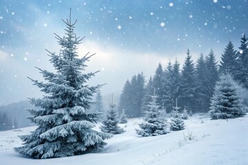 Obraz premium Winter background. Christmas landscape with snow and fir trees.