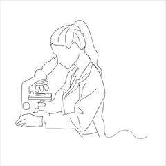  line drawing of female scientists with a microscope working in the laboratory. 