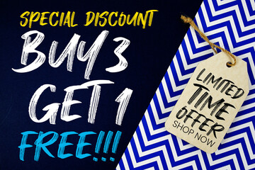 Buy 3 Get 1 Free!!! with Limited Time Offer text on price tag on dark navy blue and blue chevron background