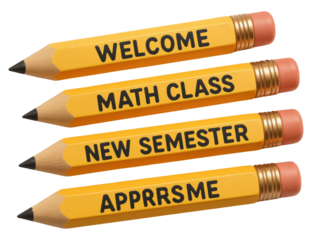 Four Yellow Pencils with Educational Phrases in Black Text writing school supplies isolated on a transparent background