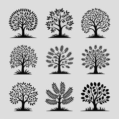 Naklejka premium Elegant Collection of Nine Black Silhouette Trees Nature Illustrations for Design Projects