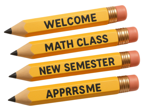 Four Yellow Pencils with Educational Phrases in Black Text writing school supplies isolated on a transparent background - Powered by Adobe