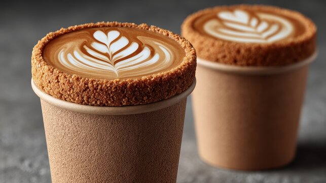 Edible coffee cup filled with latte art foam biscuit rim stylish cafe interior sustainable food innovation concept