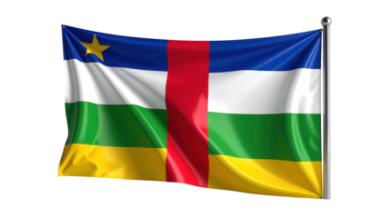 A digitally rendered Central African Republic flag, waving against a black background, showcasing vibrant colors and a dynamic composition.