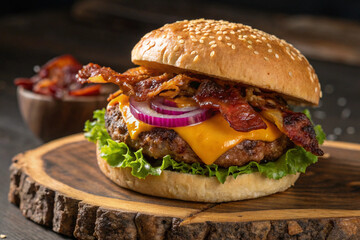 Juicy hamburger with cheese lettuce and tomato on black and wooden backgrounds