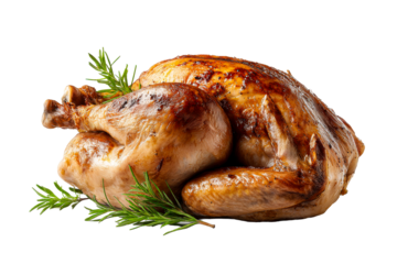 Juicy roasted chicken resting on fresh herbs