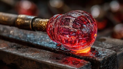 Glass blower shaping delicate ornament glowing molten glass reflections creative artisan craftsmanship workshop lighting