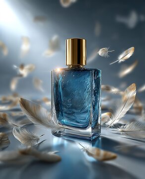 An elegant perfume bottle with a gold cap, surrounded by soft feathers. Ideal for beauty, fragrance, or luxury product visuals, like perfume ads, beauty blogs, or high - end brand promotions.