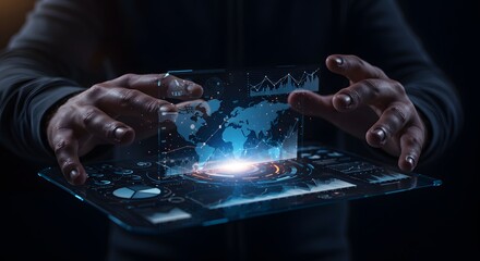 Futuristic Holographic Data Interface with World Map and Financial Charts