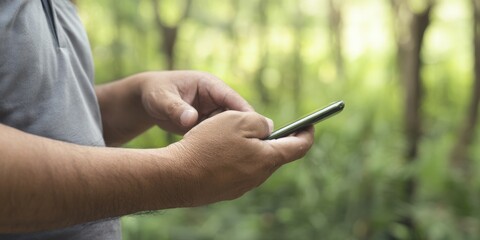 Man using mobile phone connecting with nature