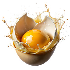 Cracked Egg Explosion with Yellow Yolk and White Splash isolated on a transparent background