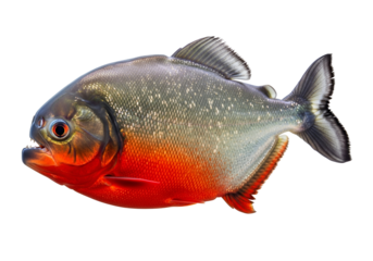 Striking close-up of a red-bellied piranha, showcasing its vibrant colors and intricate scales against a stark black background.