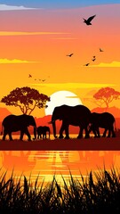 Silhouette elephants at sunset