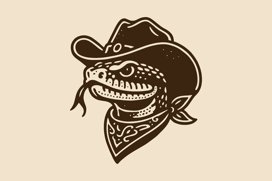 Cowboy rattlesnake head with hat and bandana engraving vector illustration