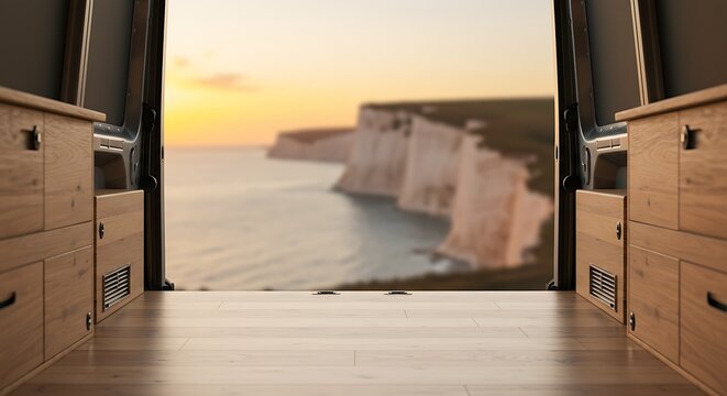 Mockup view from inside a campervan at sunrise overlooking dramatic white cliffs and the sea for commercial usage