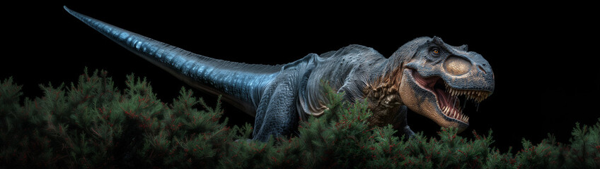 Obraz premium T-rex emerges from dense foliage, showcasing its formidable stature and fierce expression against a dark backdrop in a prehistoric setting