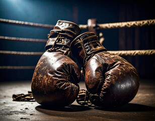 Vintage boxing gloves resting on a ring surrounded by soft lighting to create a nostalgic atmosphere