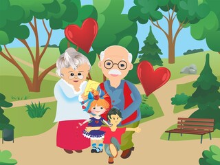 composition with grandmother, grandfather, and grandchildren standing in the park