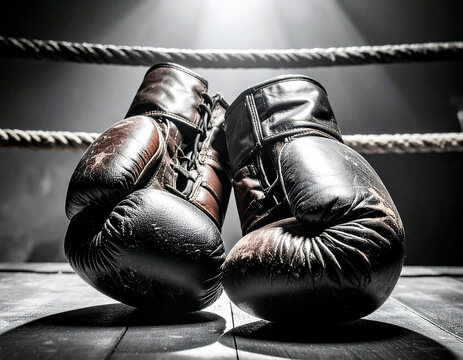Vintage boxing gloves resting on a ring ready for a match at dusk