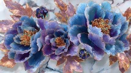 Close up of vibrant iridescent blue and purple peony flowers with golden centers and sparkling sequins creating a magical luxurious and ethereal floral display