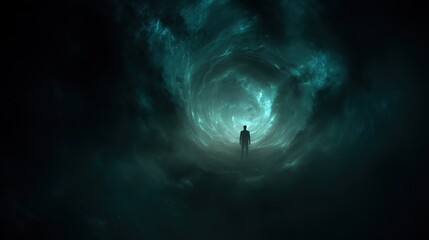 Mysterious person standing inside glowing cosmic portal doorway surrounded by swirling energy and vibrant colors leading to another dimension in cinematic wide angle masterpiece.