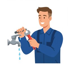 Plumber repairing faucet and smiling while holding wrench  